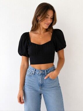 Abercrombie & Fitch Black Puff Sleeve Crop Top Romantic Cottagecore Blouse M